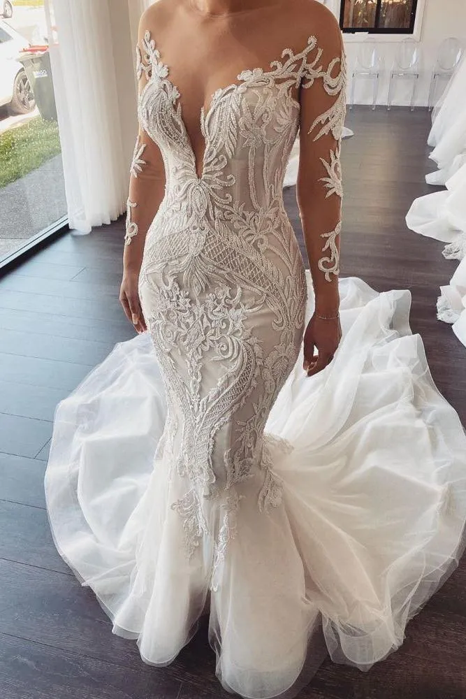 Long Sleevess V neck Lace Mermaid white Wedding Dresses Online