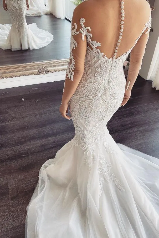 Long Sleevess V neck Lace Mermaid white Wedding Dresses Online