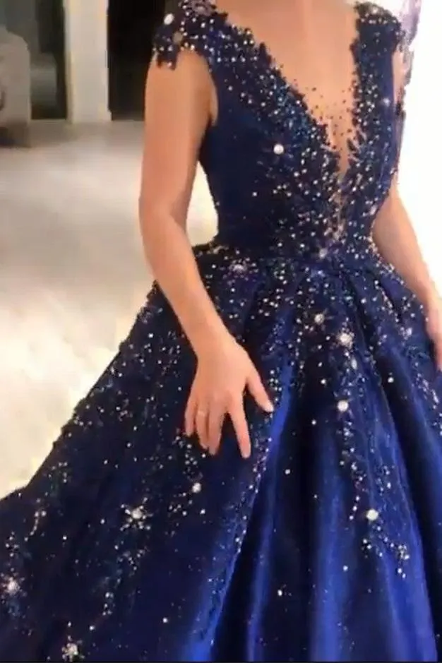 Luxurious Dark Navy Deep V-neck Cap sleeves Ball Gown Sparkle Beaded Prom Dresses