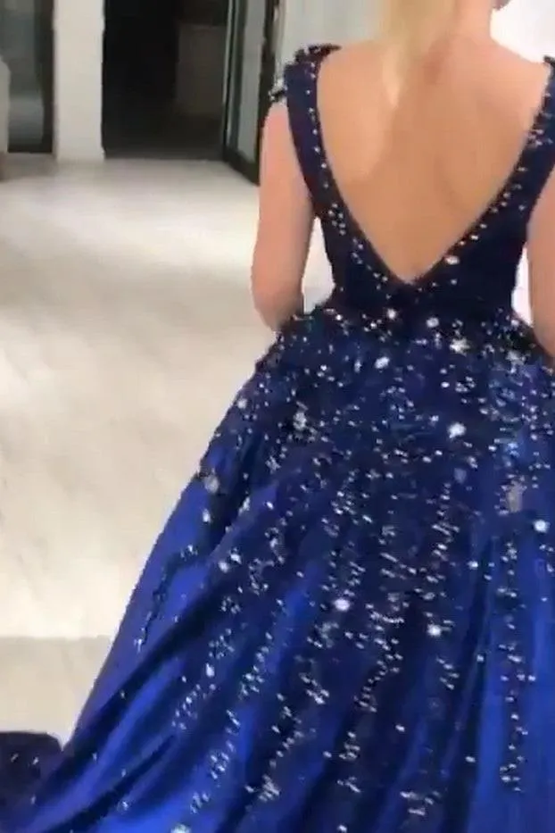 Luxurious Dark Navy Deep V-neck Cap sleeves Ball Gown Sparkle Beaded Prom Dresses