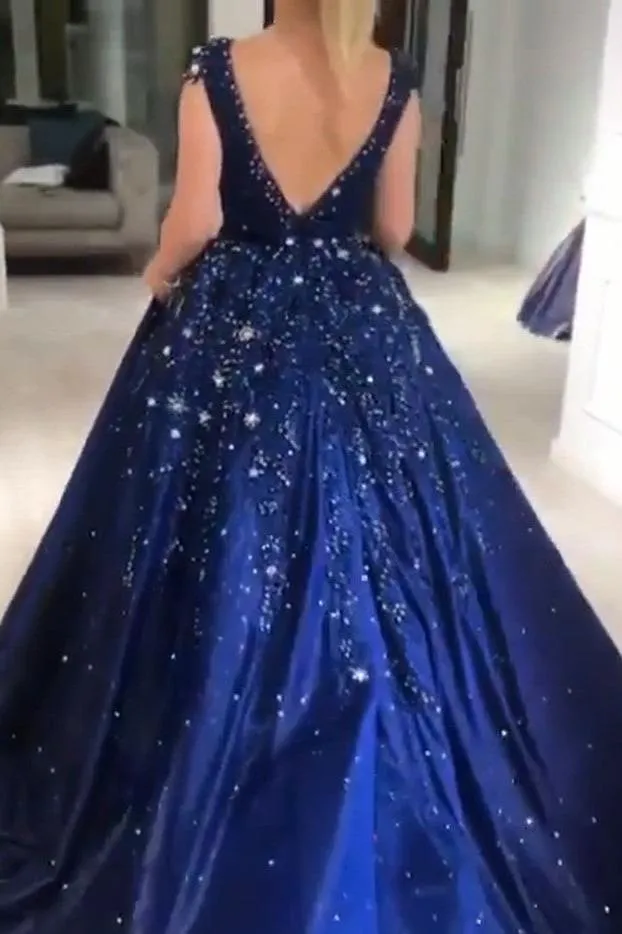 Luxurious Dark Navy Deep V-neck Cap sleeves Ball Gown Sparkle Beaded Prom Dresses