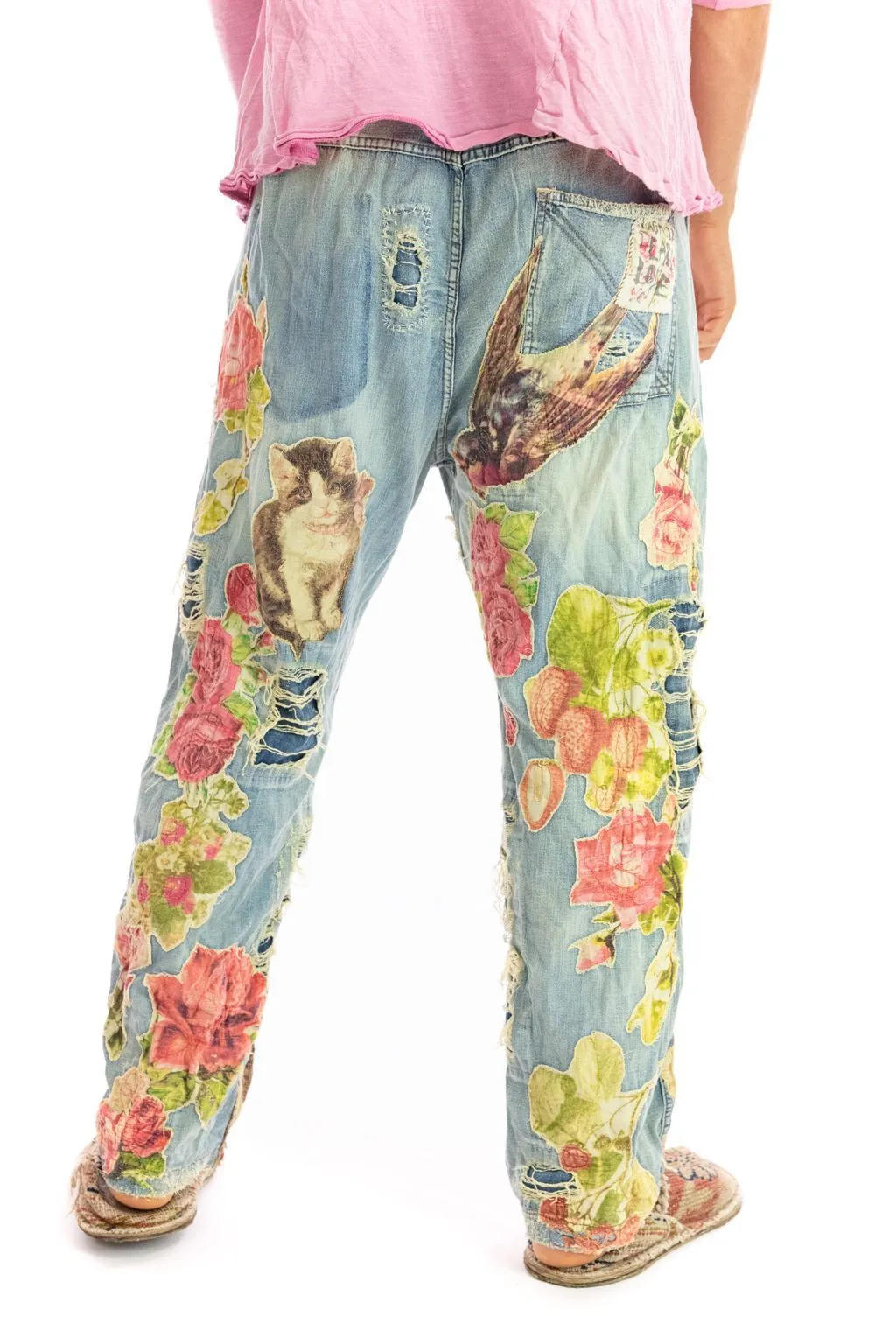 Magnolia Pearl 371 Cotton Floral Pants Applique Miner Denims Wash Pant Blue NEW