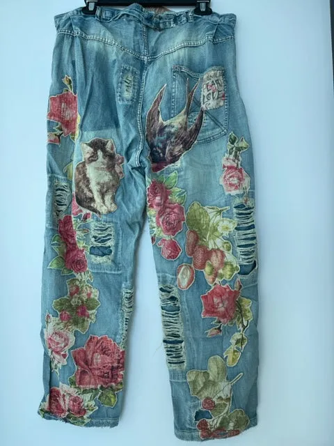 Magnolia Pearl 371 Cotton Floral Pants Applique Miner Denims Wash Pant Blue NEW