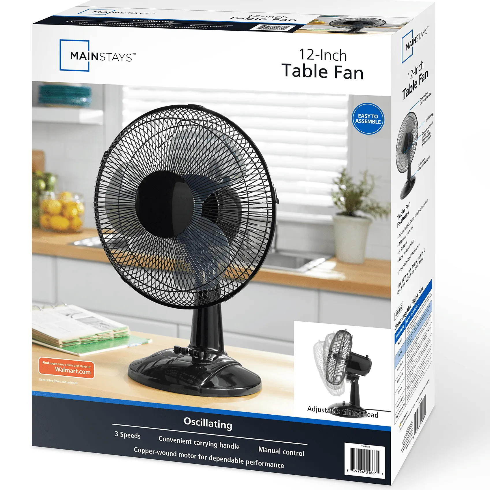 Mainstays 12" 3-Speed Oscillating Table Fan, FT30-8MBB, Black