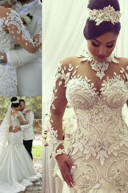 Modern Long Sleeves High Neck Lace Wedding Dress Bridal Gown