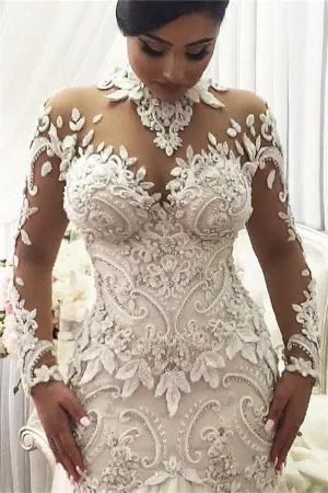Modern Long Sleeves High Neck Lace Wedding Dress Bridal Gown