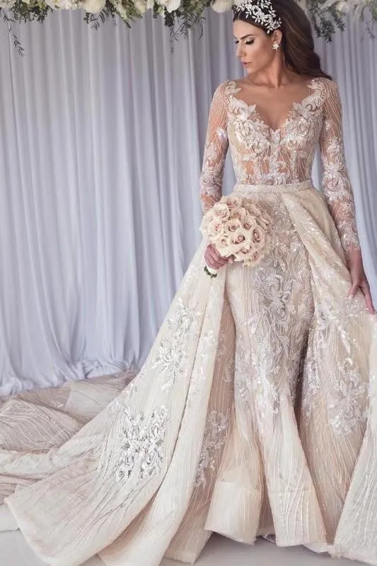 Modern Long Sleeves Lace Mermaid Overskirt Wedding Dress Bridal Gowns