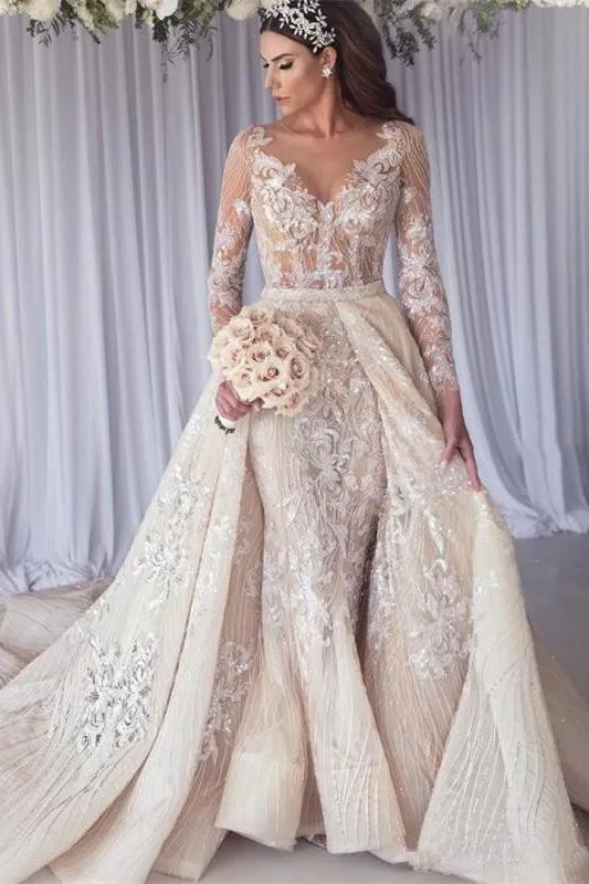Modern Long Sleeves Lace Mermaid Overskirt Wedding Dress Bridal Gowns