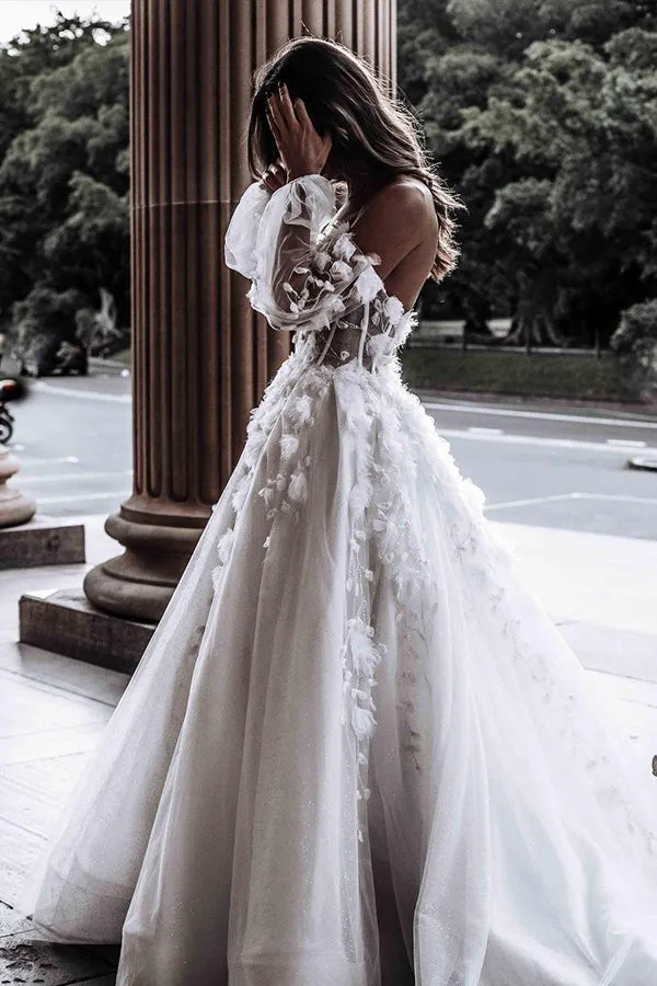 Modern Sweetheart Sleeveless Wedding Dress White 3D Floral Lace Bridal Gown