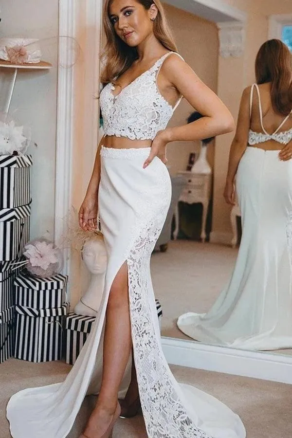 Modern two pieces Spaghetti V Neck Lace Side Slit Beach Wedding Dress