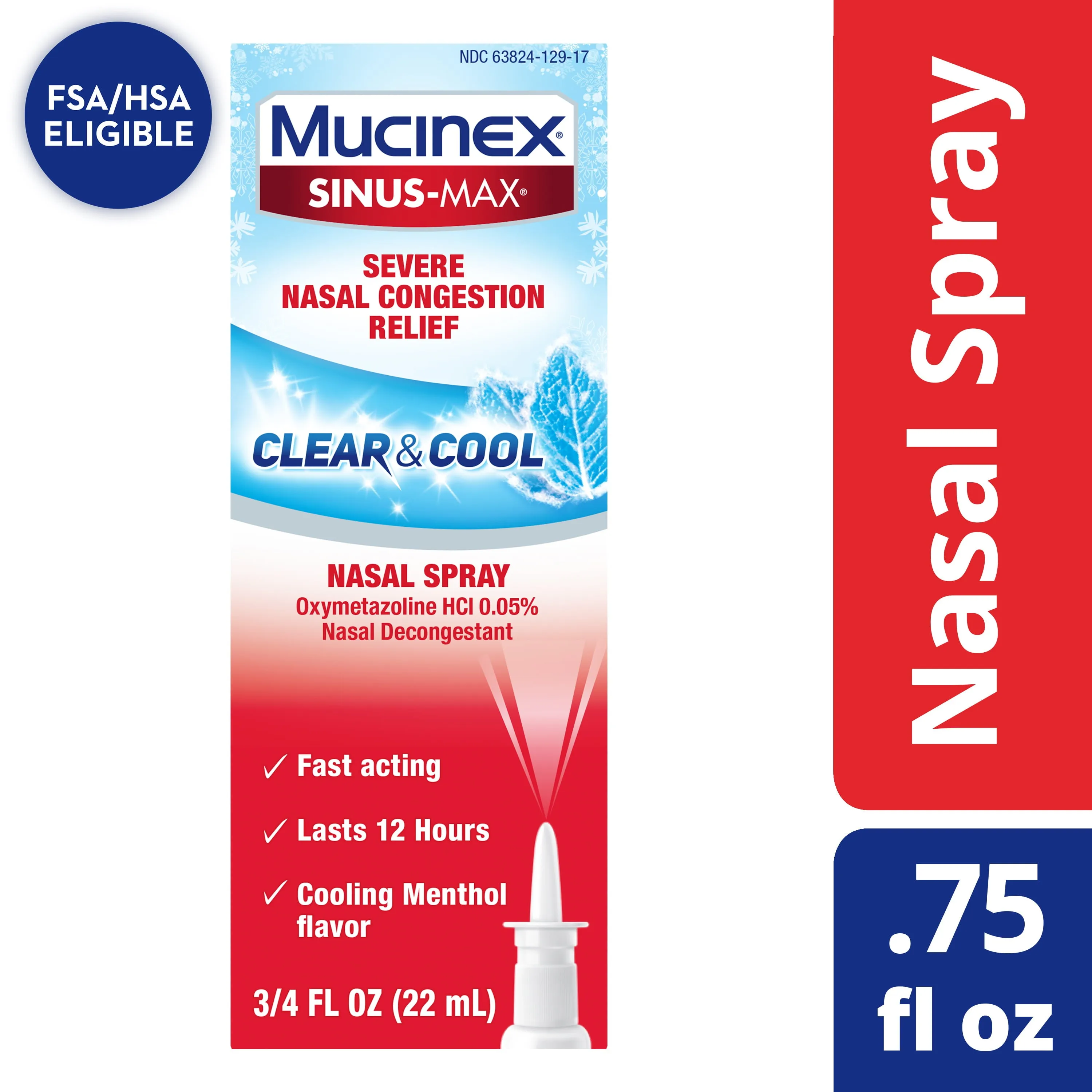 Mucinex Sinus-Max 12 Hour Nasal Decongestant Clear & Cool Nasal Spray 0.75 Ounce