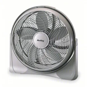 NEW AIR KING Floor Fan: Color BEIGE Floor Fan, 20 in Blade Dia, 3 Speeds, 1570/2055/2470 cfm, Non-Oscillating, 5-15P, has small crack at top of housing doesnt affect fan at all
