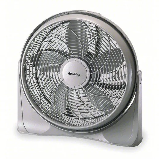 NEW AIR KING Floor Fan: Color BEIGE Floor Fan, 20 in Blade Dia, 3 Speeds, 1570/2055/2470 cfm, Non-Oscillating, 5-15P, has small crack at top of housing doesnt affect fan at all