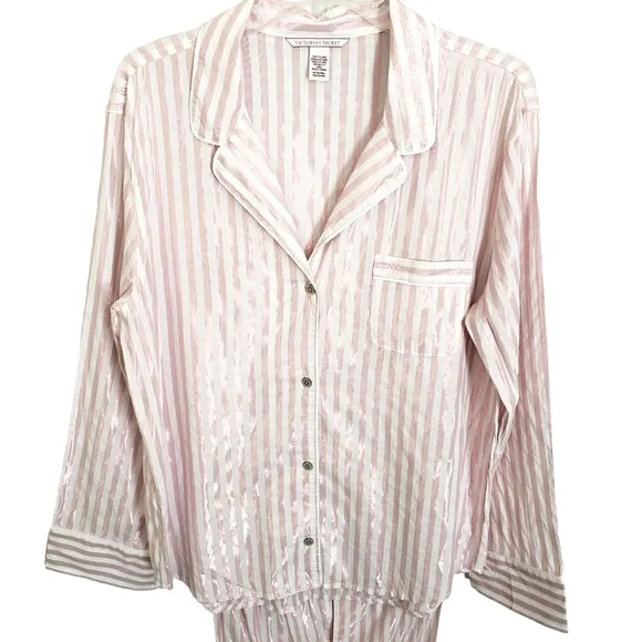 Nwot Victoria's Secret Pink Stripe Soft Metalic Longsleeve Pajama Pants Set
