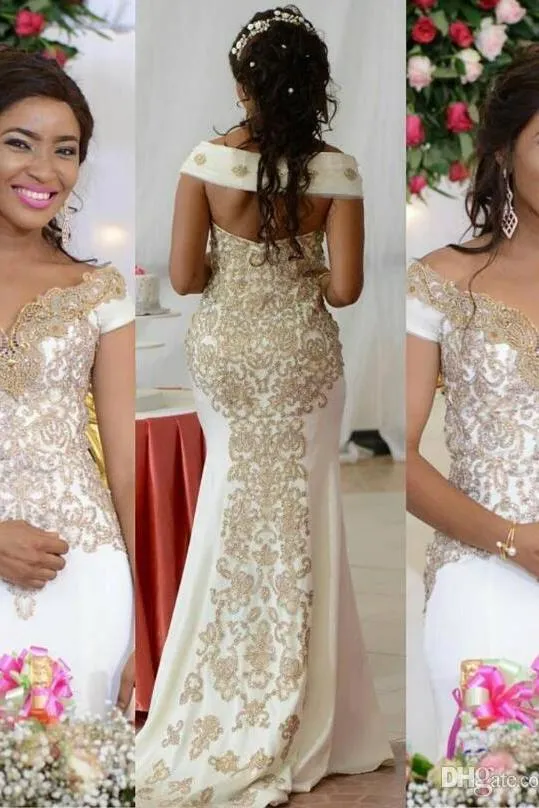 Off the shoulder Golden Lace appliques Backless Wedding Dress