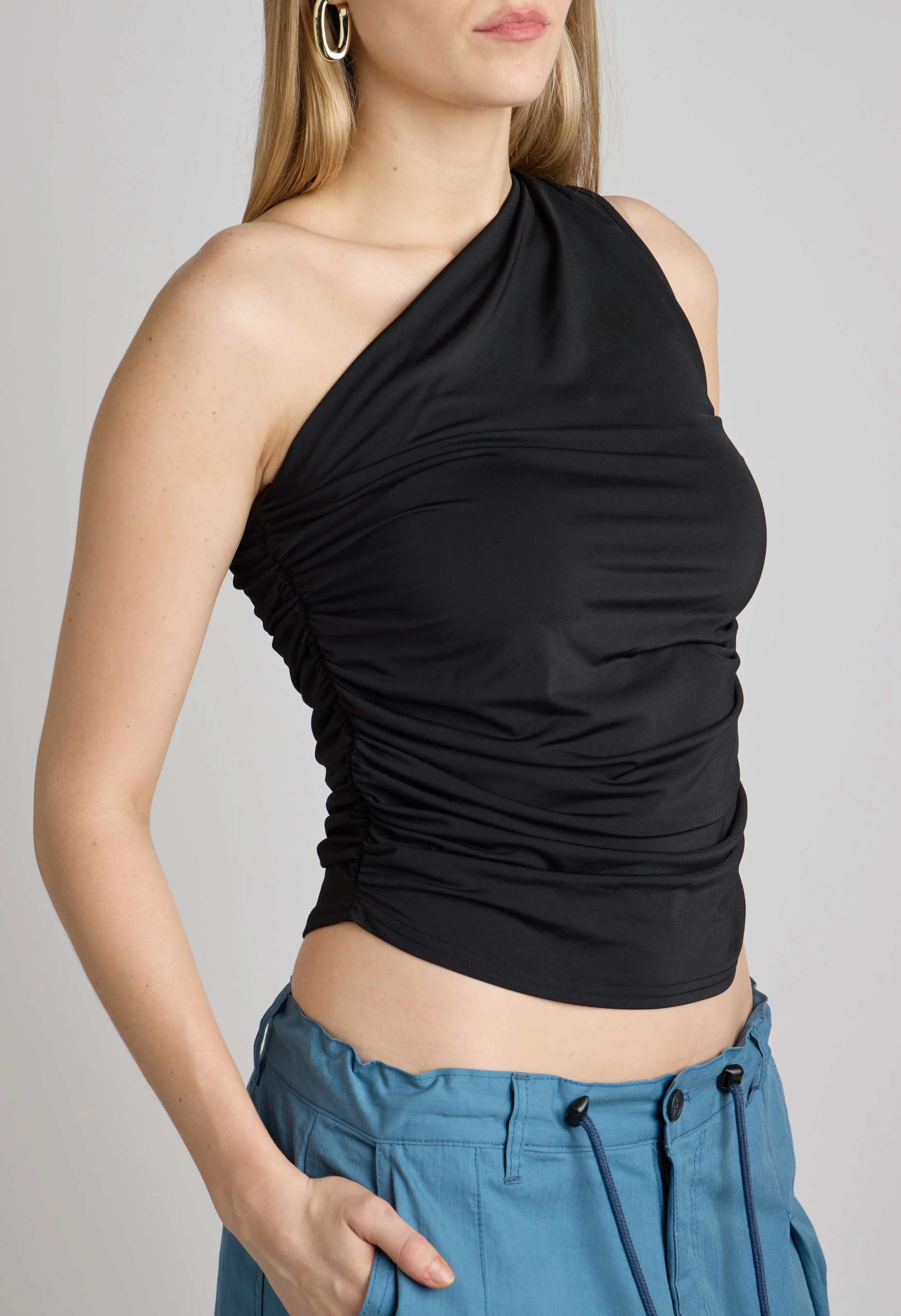 One Shoulder Ruched Top in Black