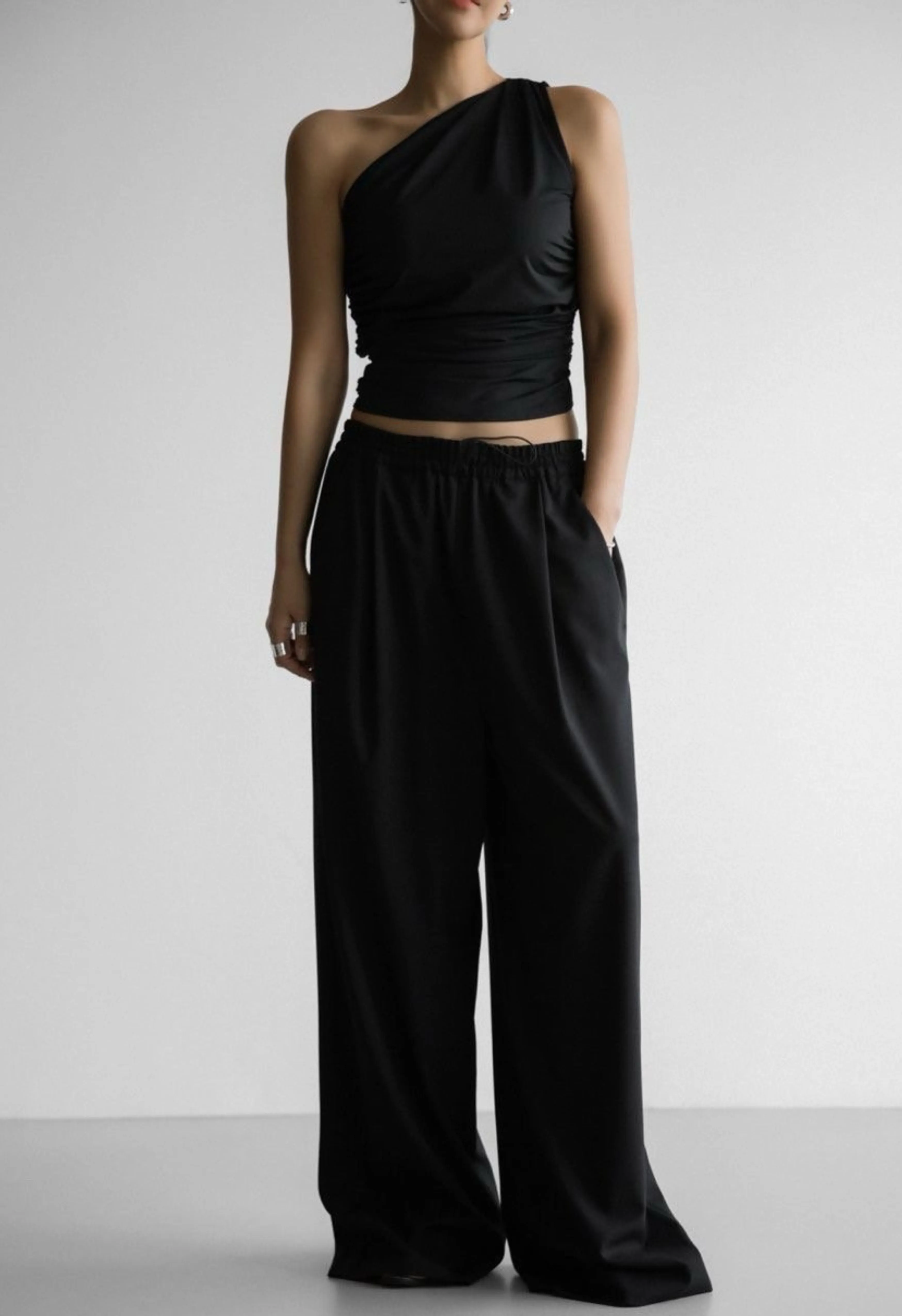 One Shoulder Ruched Top in Black