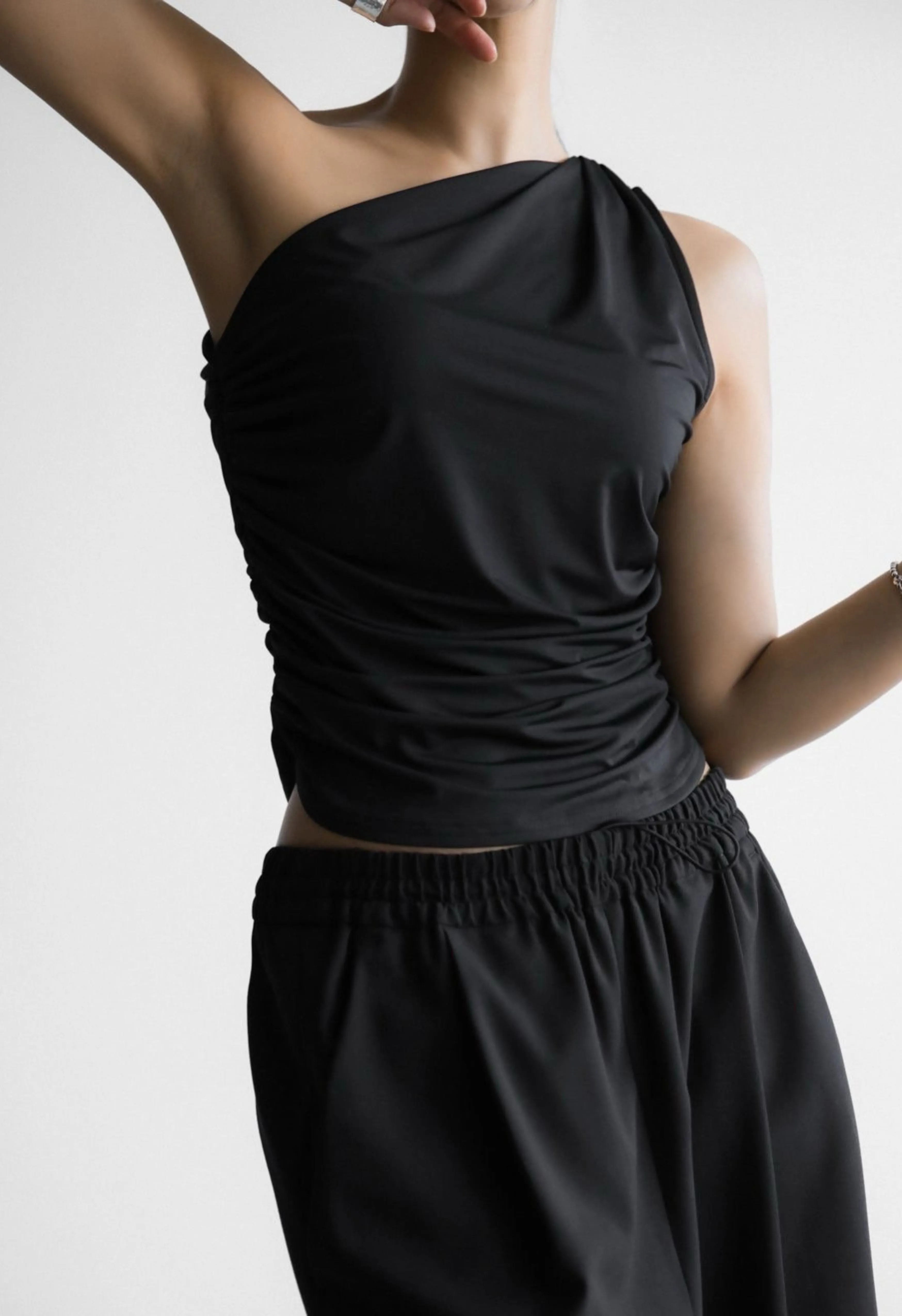One Shoulder Ruched Top in Black