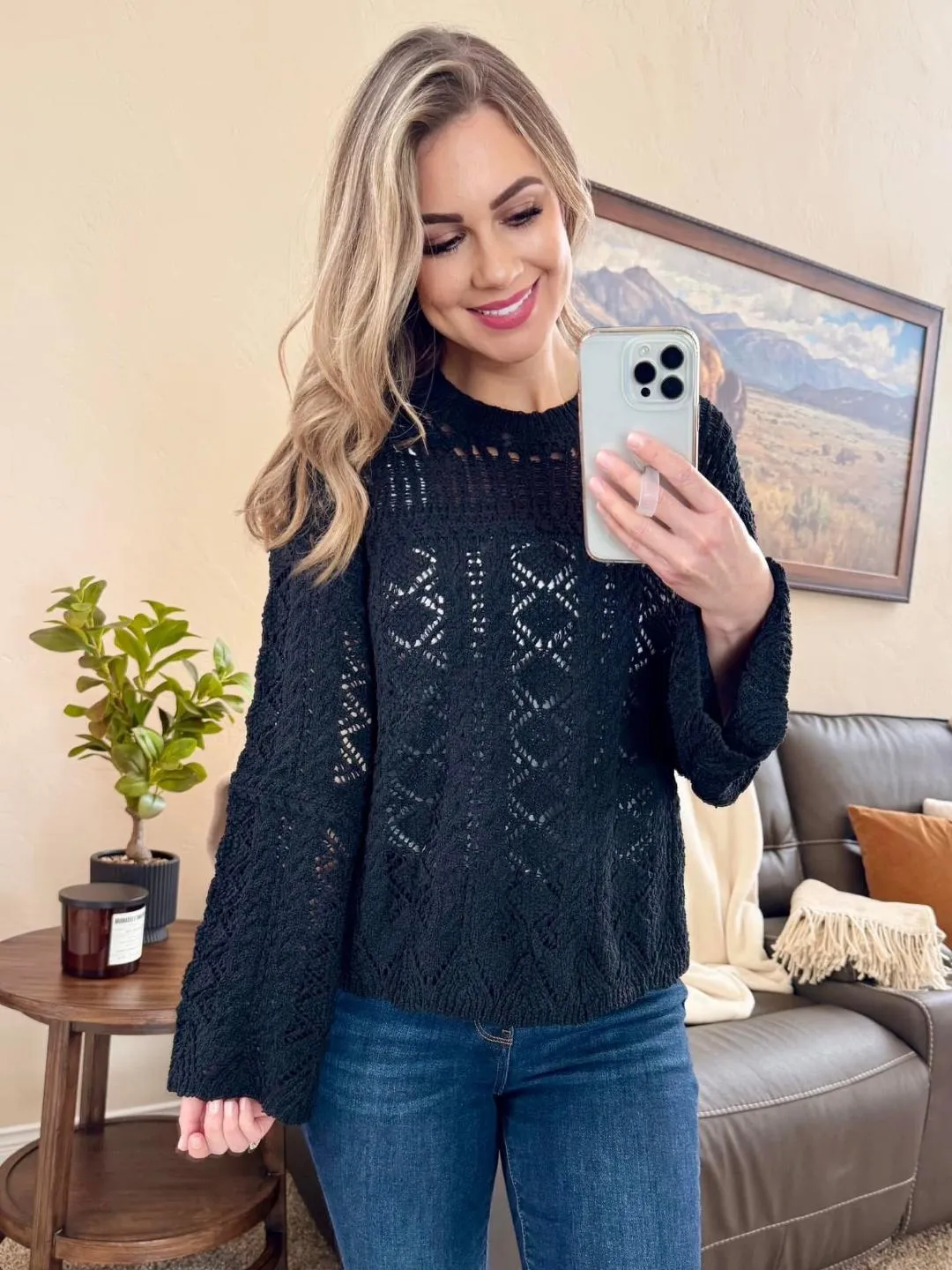 Open Knit Pullover Sweater in Black