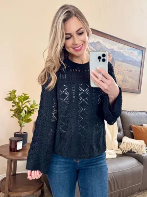 Open Knit Pullover Sweater in Black