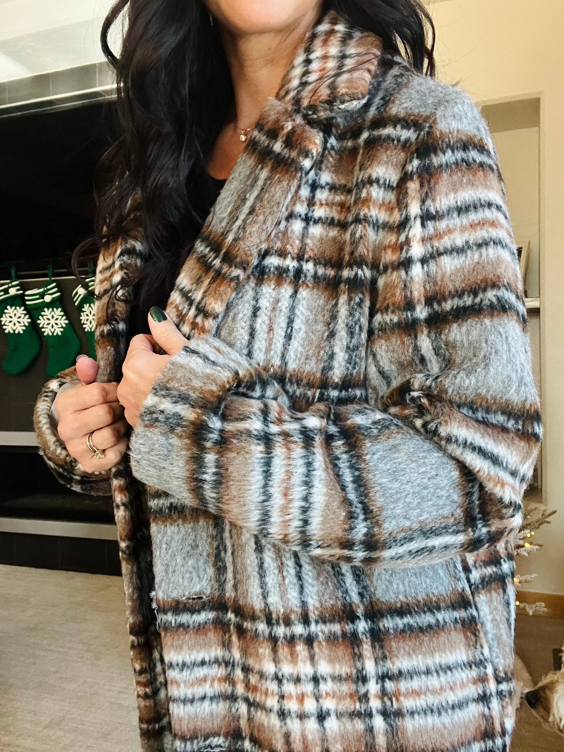Plaid Coat - Gray/Brown/Black