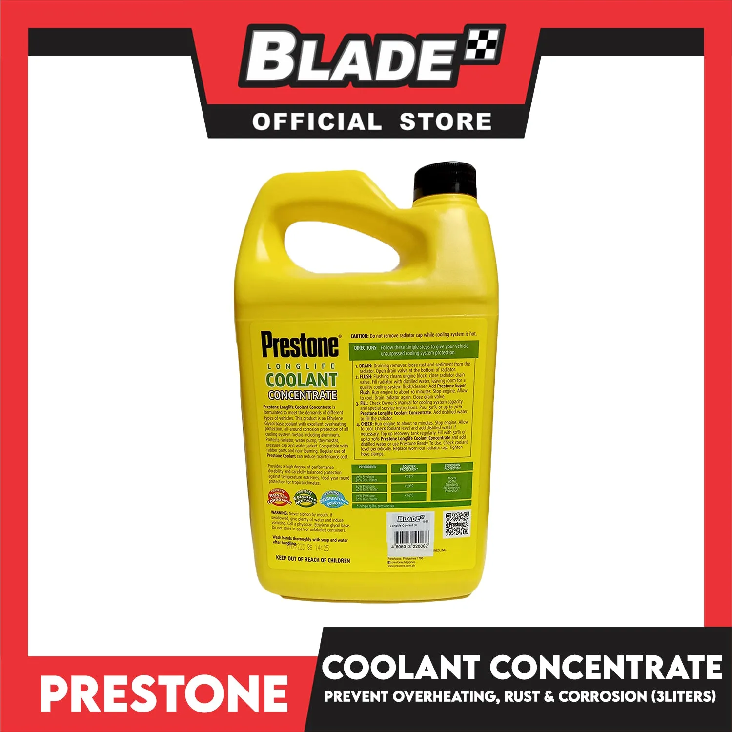 Prestone Long Life Coolant Concentrate 3 Liters Prevents Overheating, Rust And Corrosion