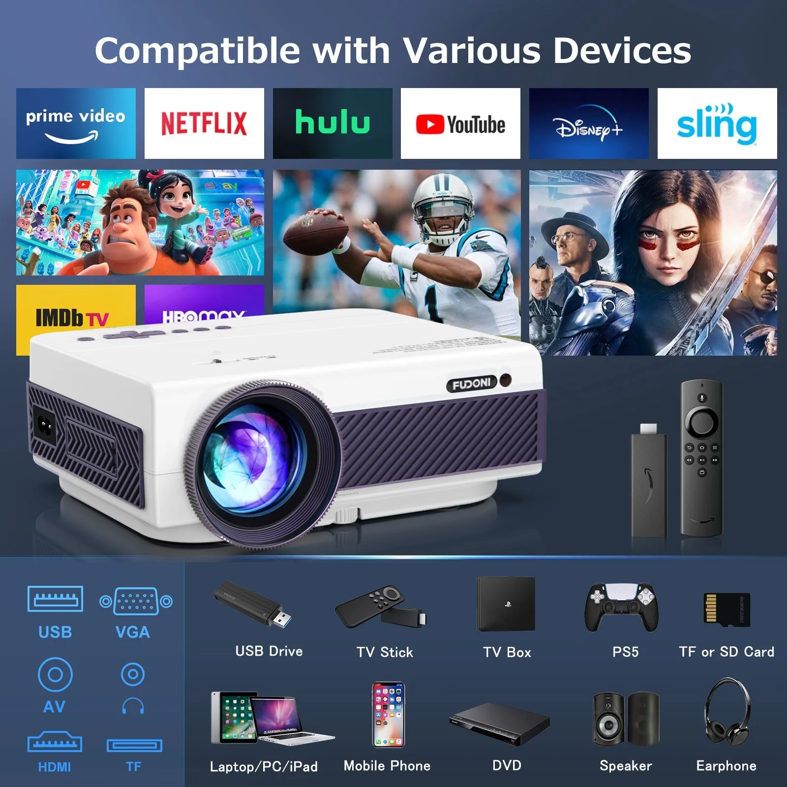 Projector with WiFi and Bluetooth, Native 1080P Outdoor Projector 10000L Support 4K, Portable Movie Projector with Screen and Max 300", Compatible with iOS/Android/Laptop/TV Stick/HDMI/USB/VGA