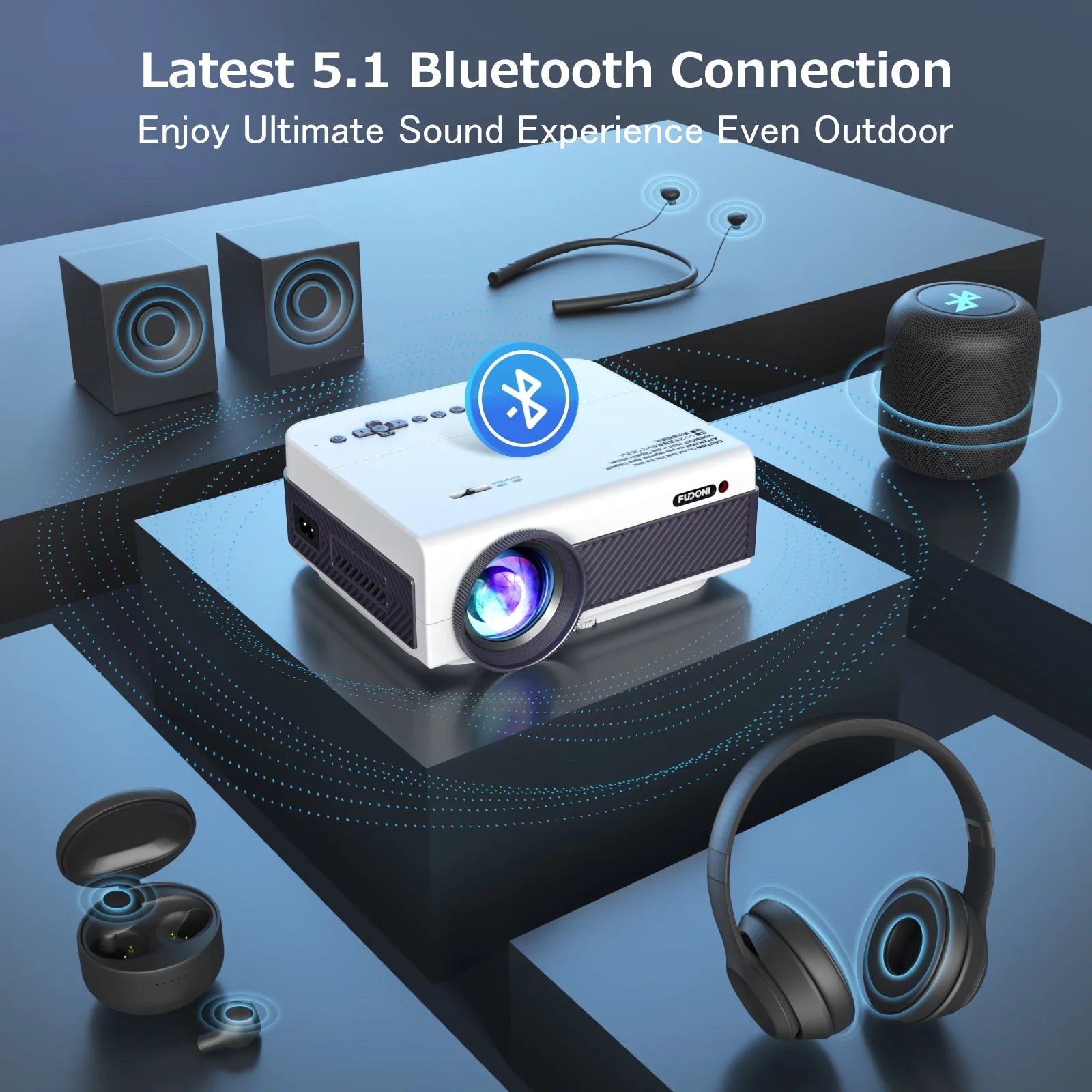 Projector with WiFi and Bluetooth, Native 1080P Outdoor Projector 10000L Support 4K, Portable Movie Projector with Screen and Max 300", Compatible with iOS/Android/Laptop/TV Stick/HDMI/USB/VGA
