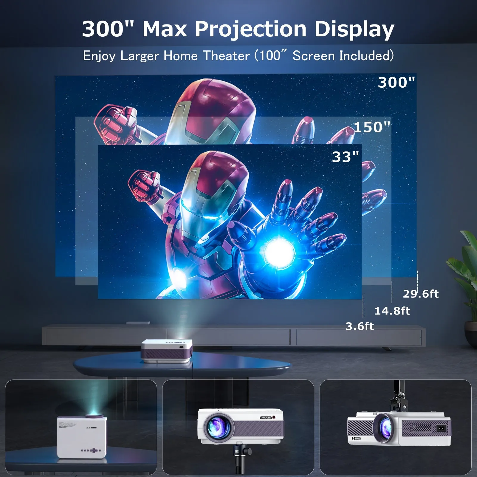 Projector with WiFi and Bluetooth, Native 1080P Outdoor Projector 10000L Support 4K, Portable Movie Projector with Screen and Max 300", Compatible with iOS/Android/Laptop/TV Stick/HDMI/USB/VGA