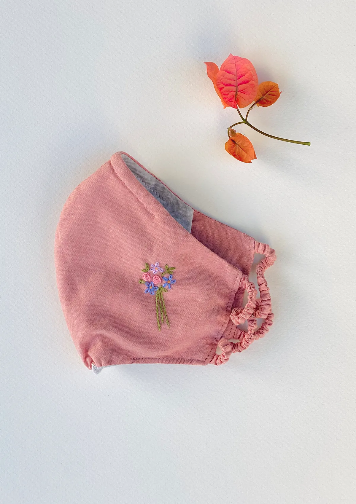 "Be Safe. Be Kind" Hand Embroidered Heirloom Mask - Bouquet of Flowers, Coral