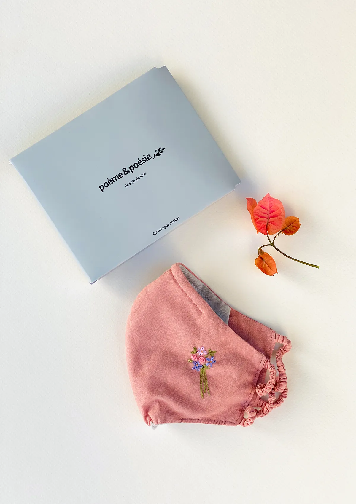 "Be Safe. Be Kind" Hand Embroidered Heirloom Mask - Bouquet of Flowers, Coral