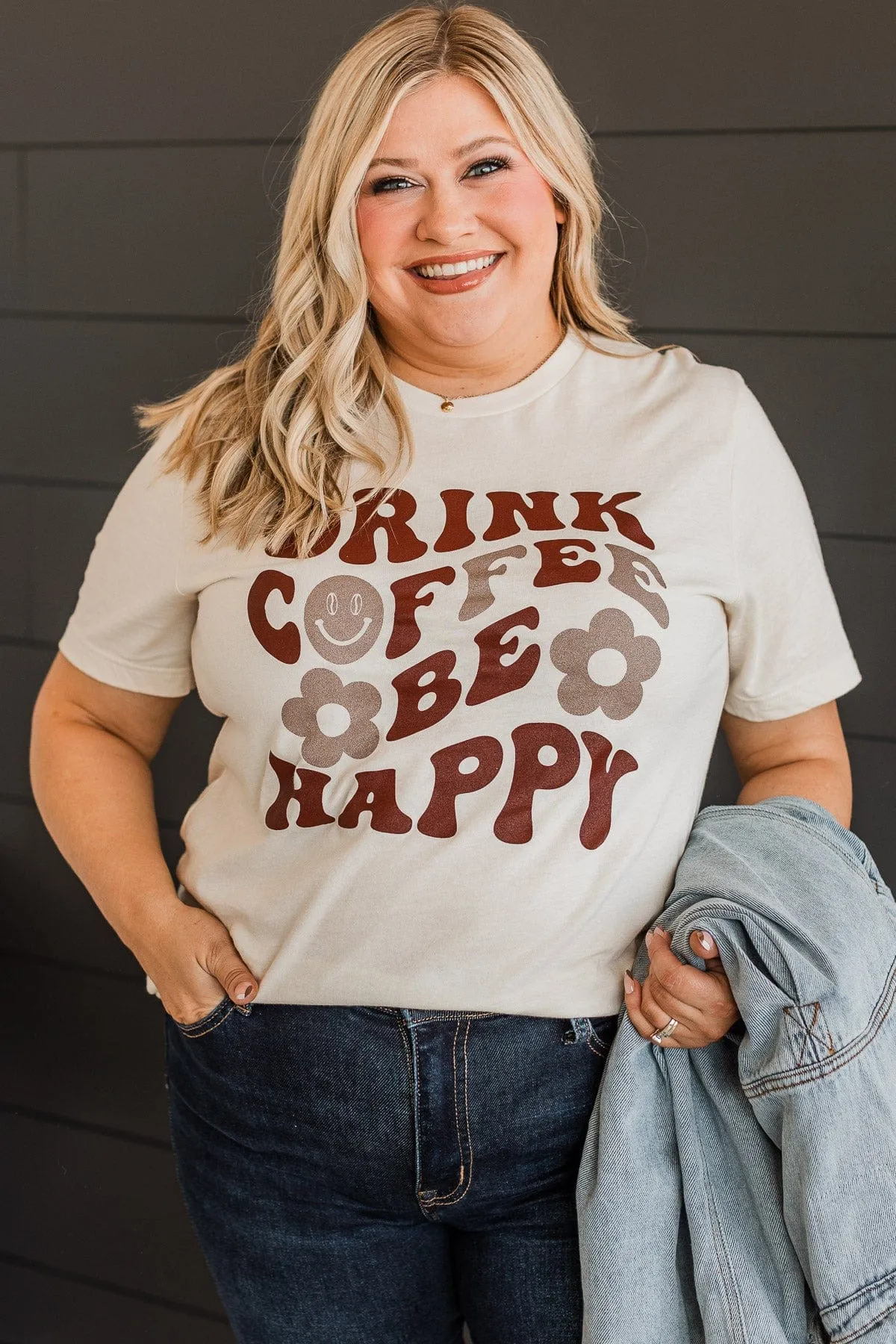 "Drink Coffee, Be Happy" Graphic Tee- Cream