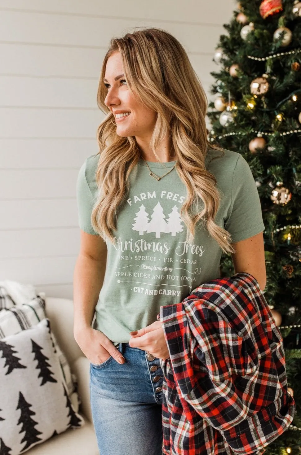 "Farm Fresh Christmas Trees" Graphic Tee- Sage
