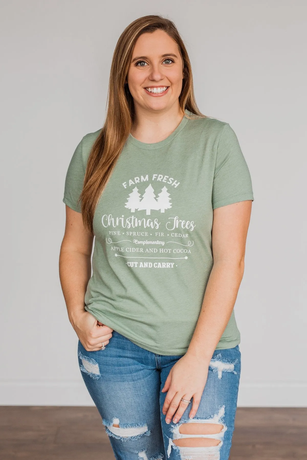 "Farm Fresh Christmas Trees" Graphic Tee- Sage