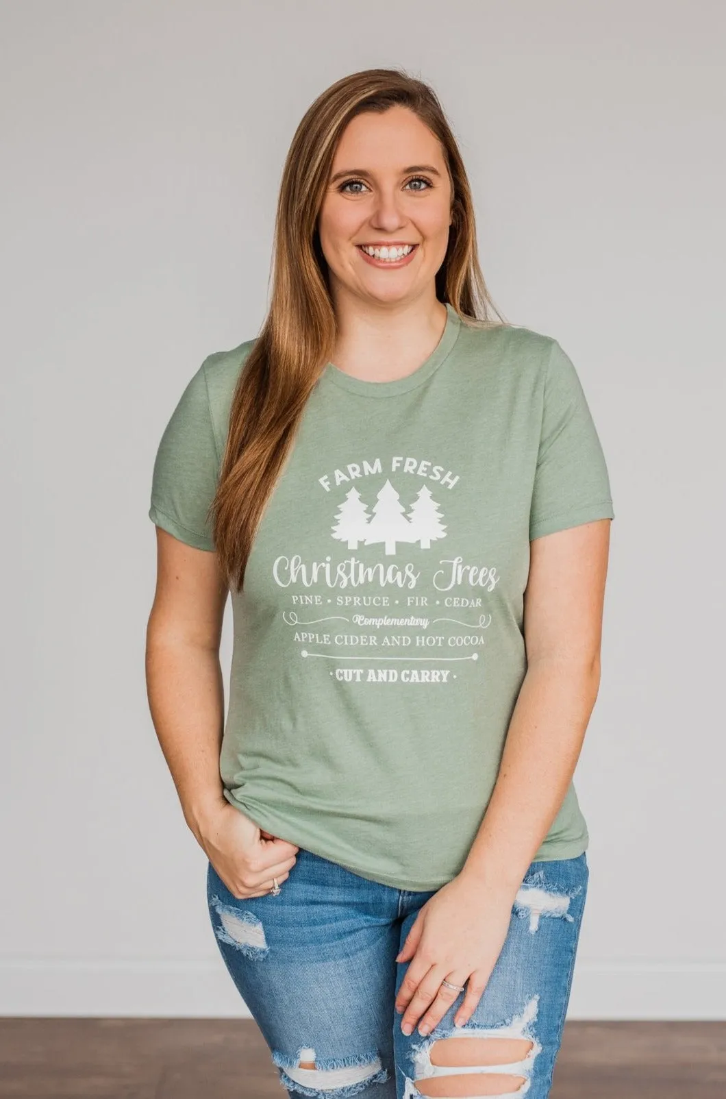 "Farm Fresh Christmas Trees" Graphic Tee- Sage