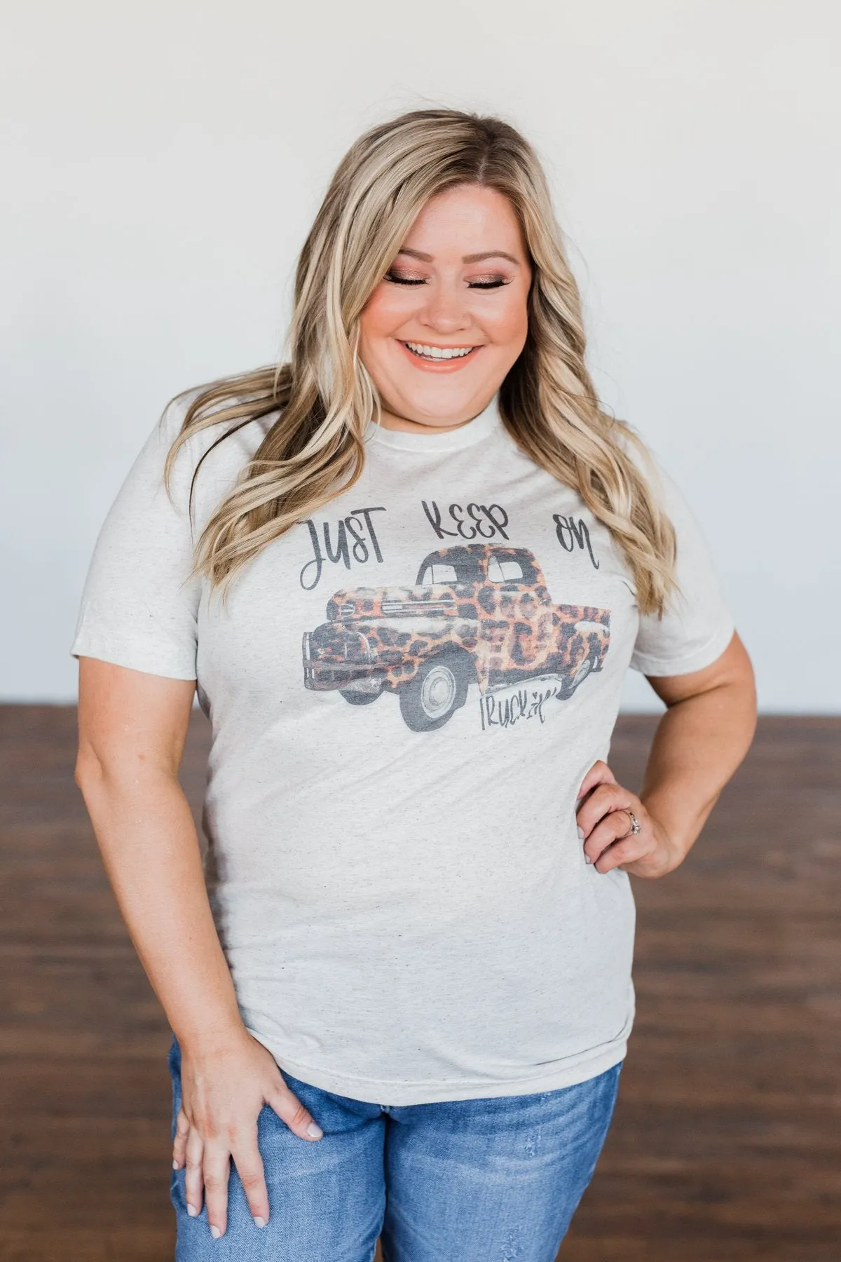 "Keep On Truckin" Leopard Truck Graphic Tee- Oatmeal