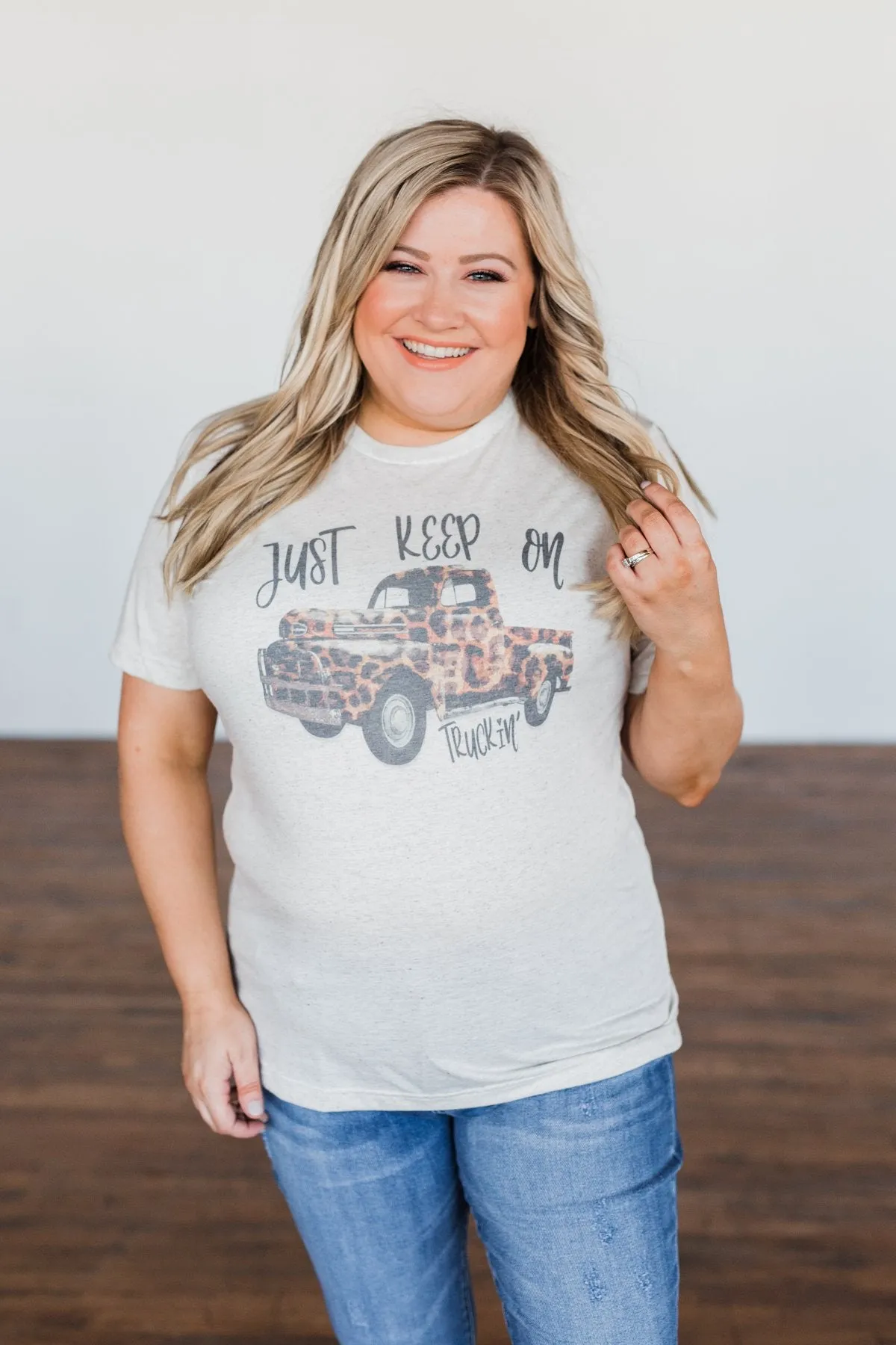 "Keep On Truckin" Leopard Truck Graphic Tee- Oatmeal