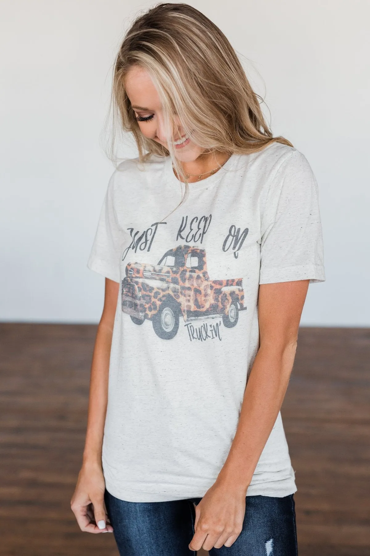 "Keep On Truckin" Leopard Truck Graphic Tee- Oatmeal