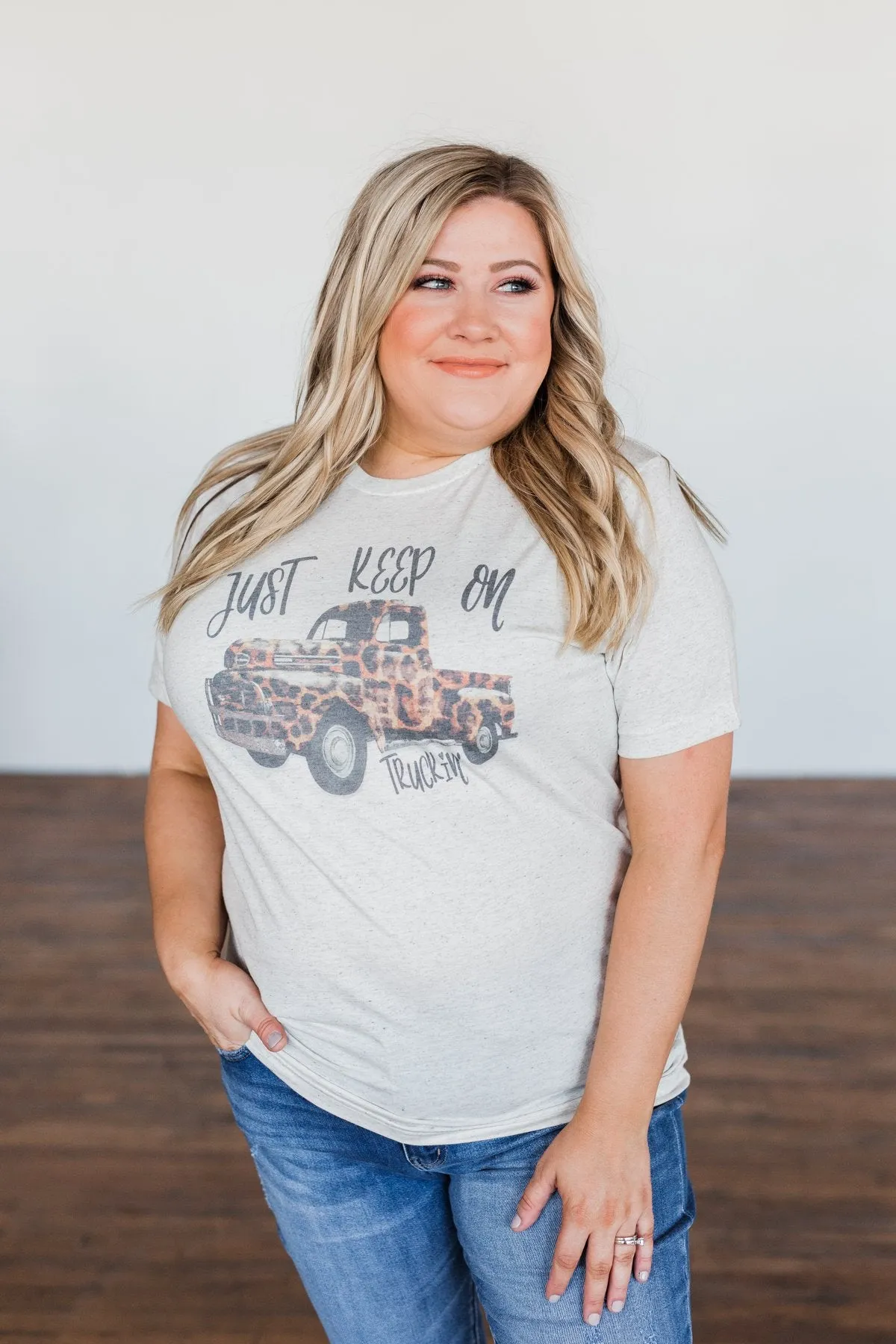"Keep On Truckin" Leopard Truck Graphic Tee- Oatmeal