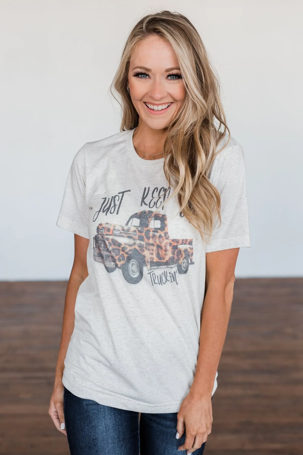 "Keep On Truckin" Leopard Truck Graphic Tee- Oatmeal