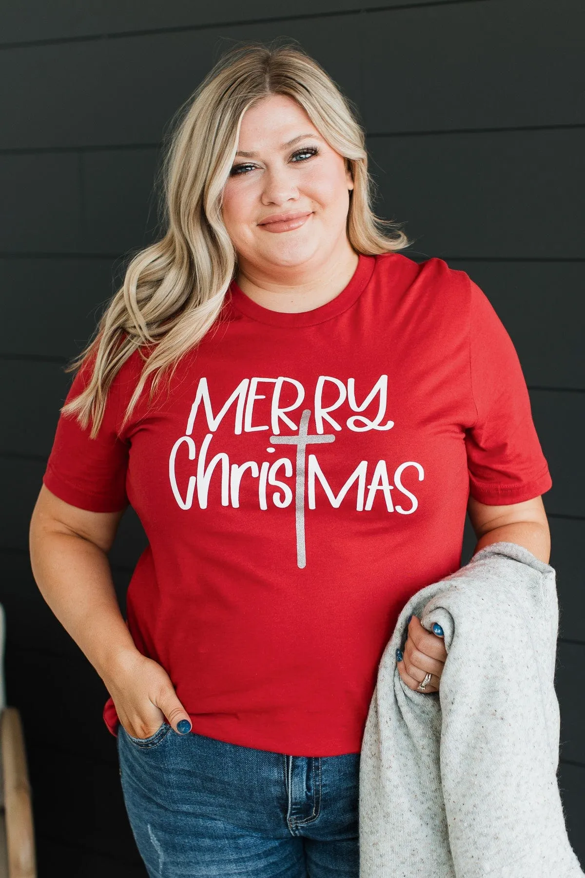 "Merry Christmas" Cross Graphic Tee- Red