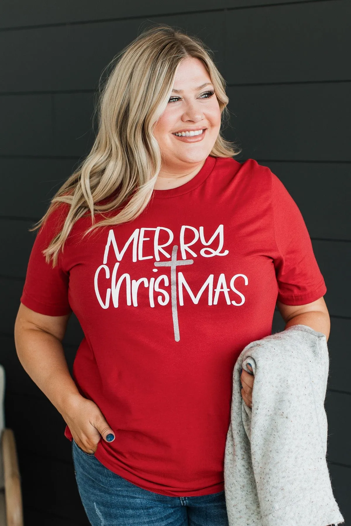 "Merry Christmas" Cross Graphic Tee- Red