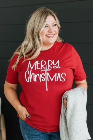 "Merry Christmas" Cross Graphic Tee- Red