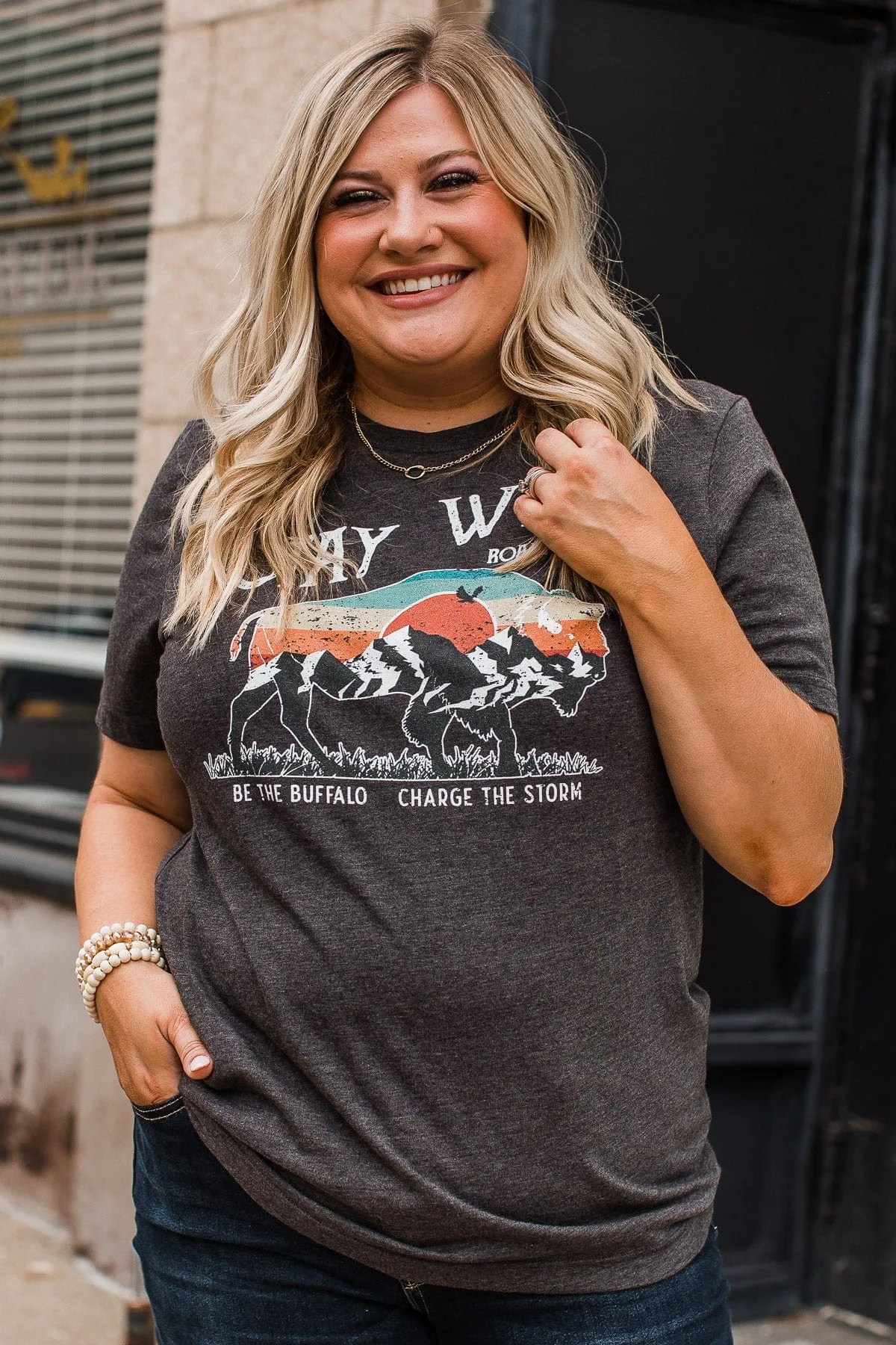 "Stay Wild. Roam Free" Buffalo Graphic Tee- Charcoal