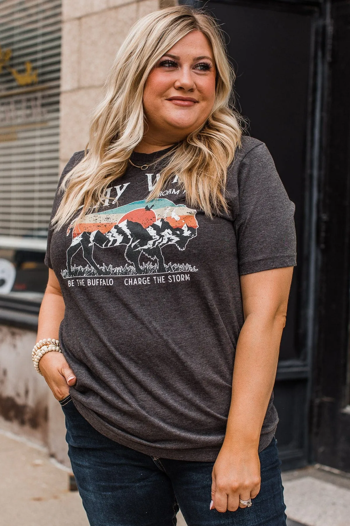"Stay Wild. Roam Free" Buffalo Graphic Tee- Charcoal