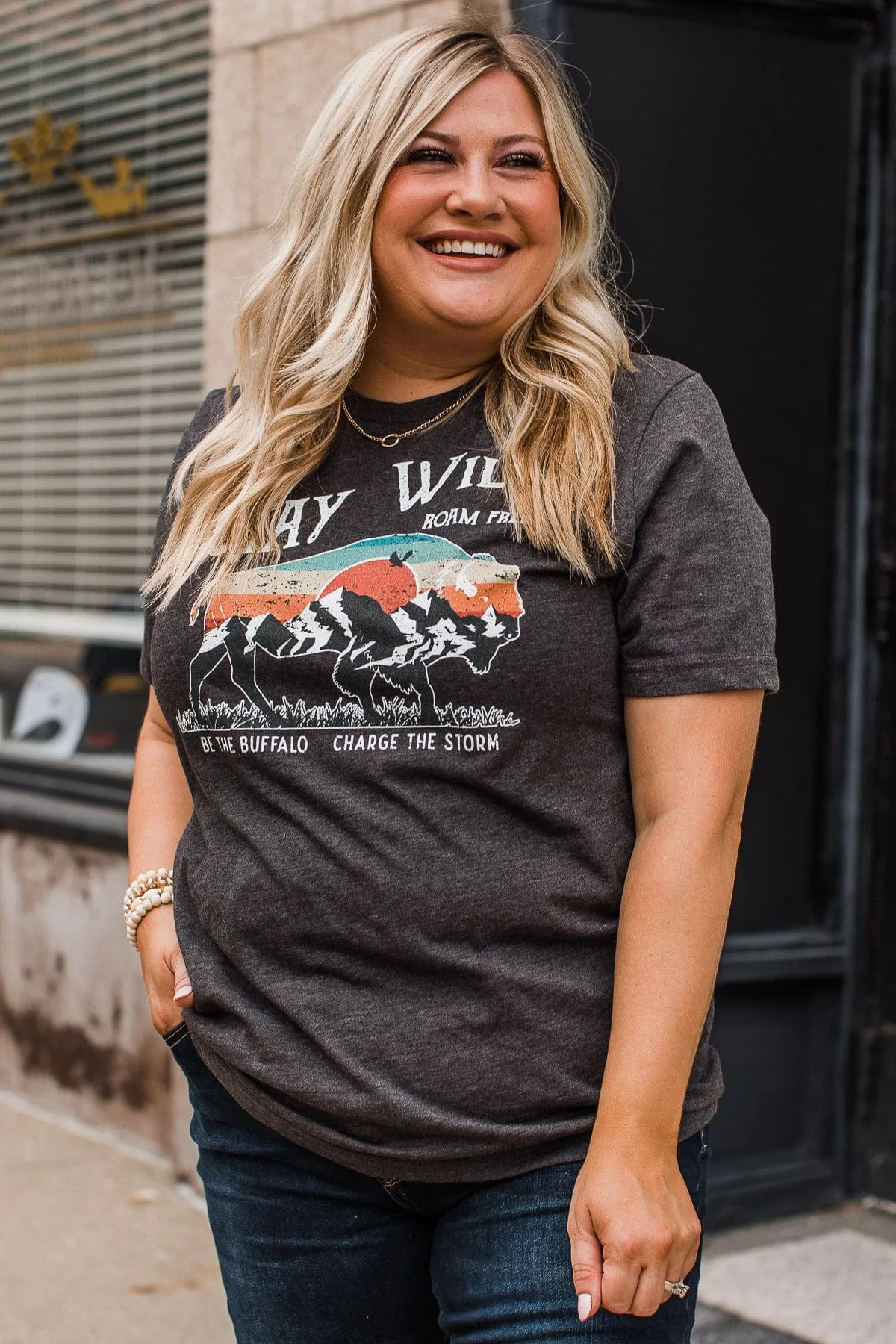 "Stay Wild. Roam Free" Buffalo Graphic Tee- Charcoal