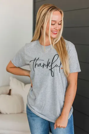 "Thankful" Cursive Graphic Tee- Heather Grey