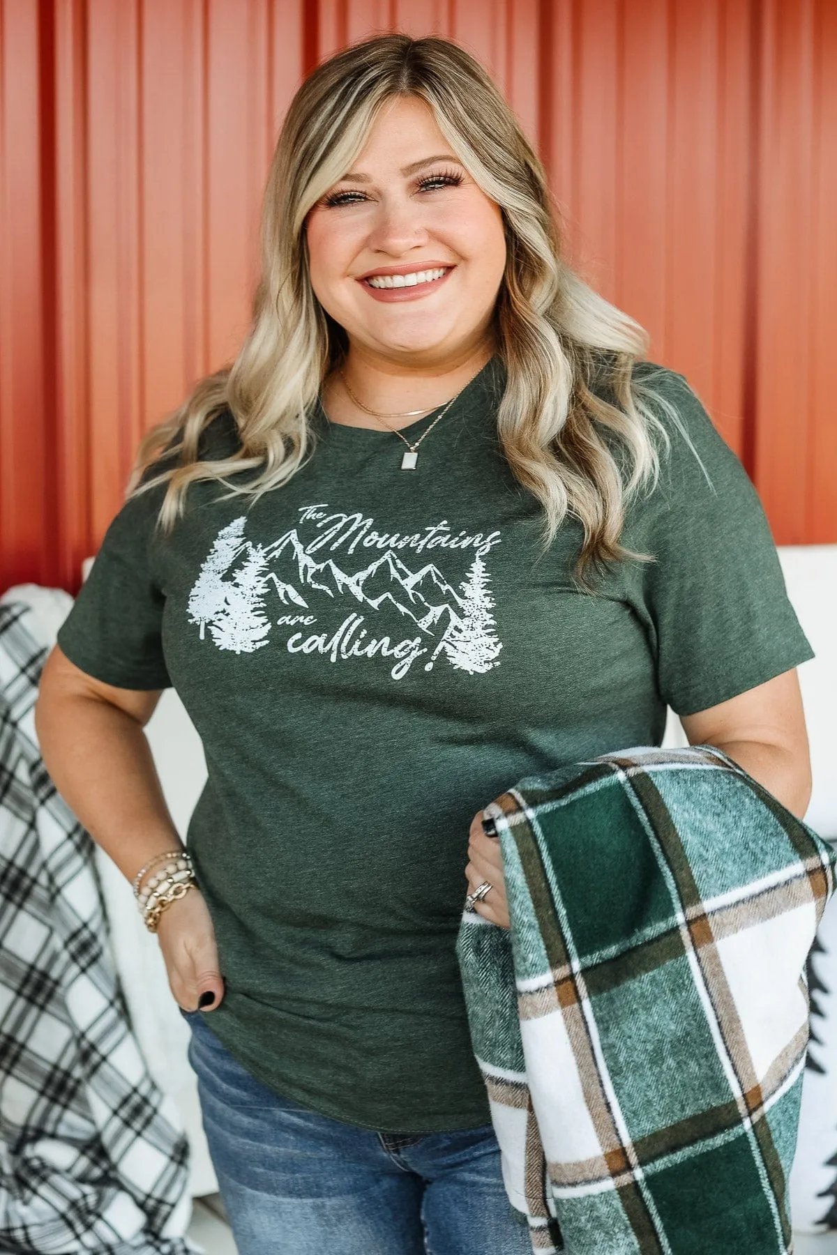 "The Mountains Are Calling" Graphic Tee- Forest Green