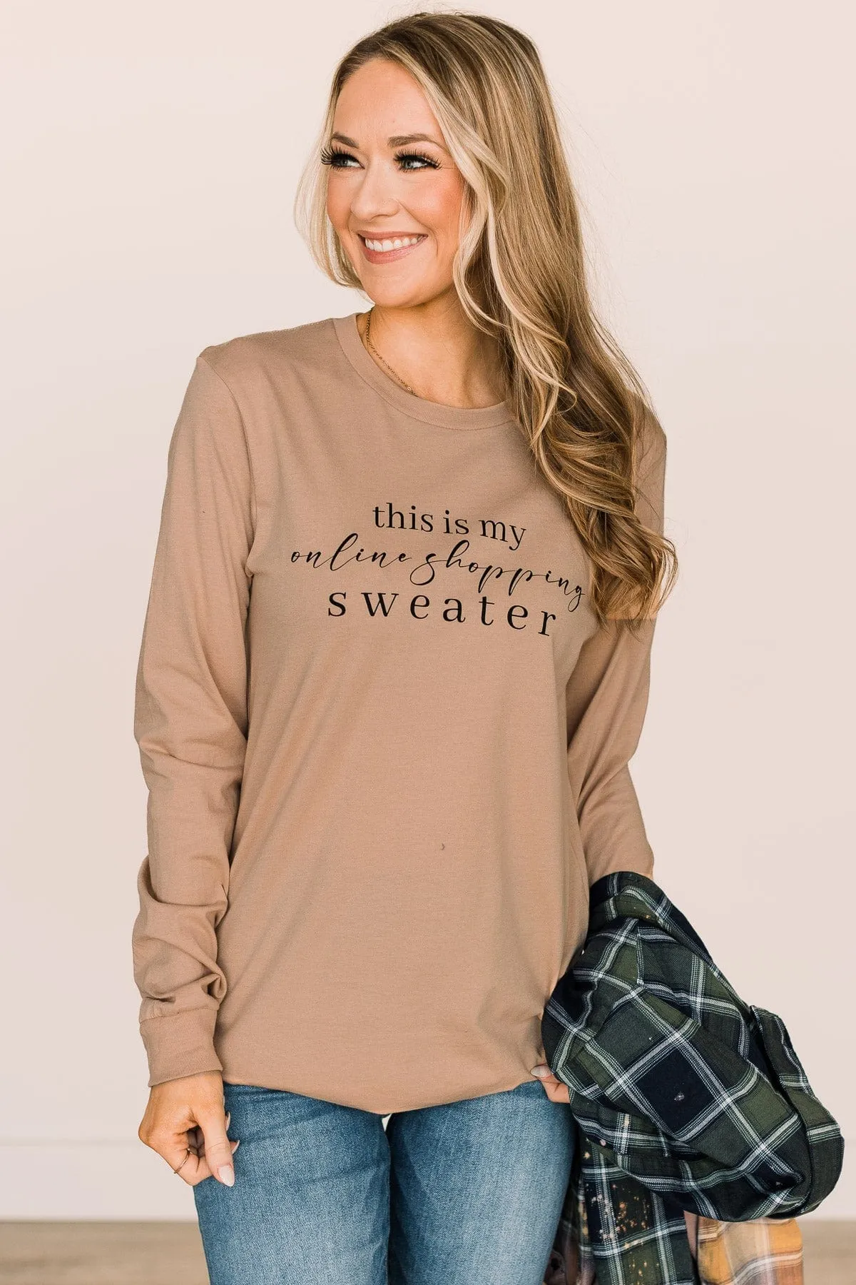 "This Is My Online Shopping Sweater" Graphic Top- Tan