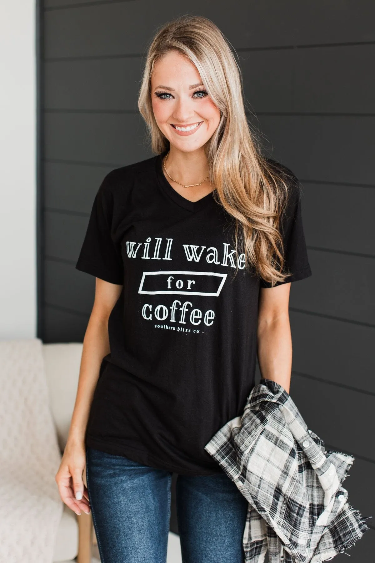 "Will Wake For Coffee" Graphic Tee- Black